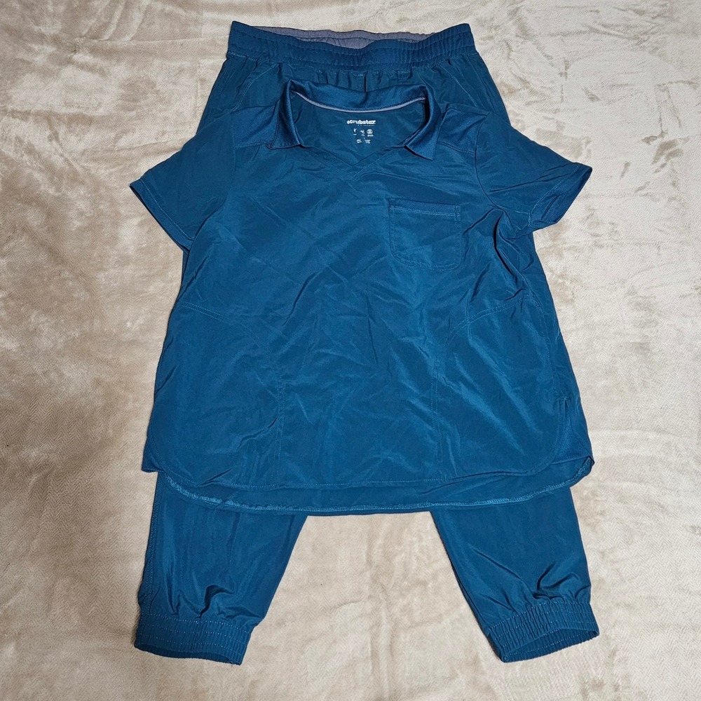 Womens scrub set dark teal large collared top jogger bottom